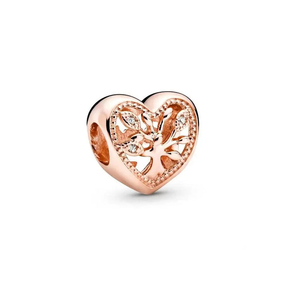 Elegant Rose Gold Heart Tree Charm with Crystals - Rose gold heart charm with tree design and crystals