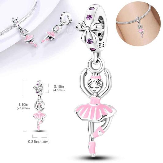 Sterling silver ballet dancer charm with pink enamel tutu and cubic zirconia, fits Pandora bracelet.