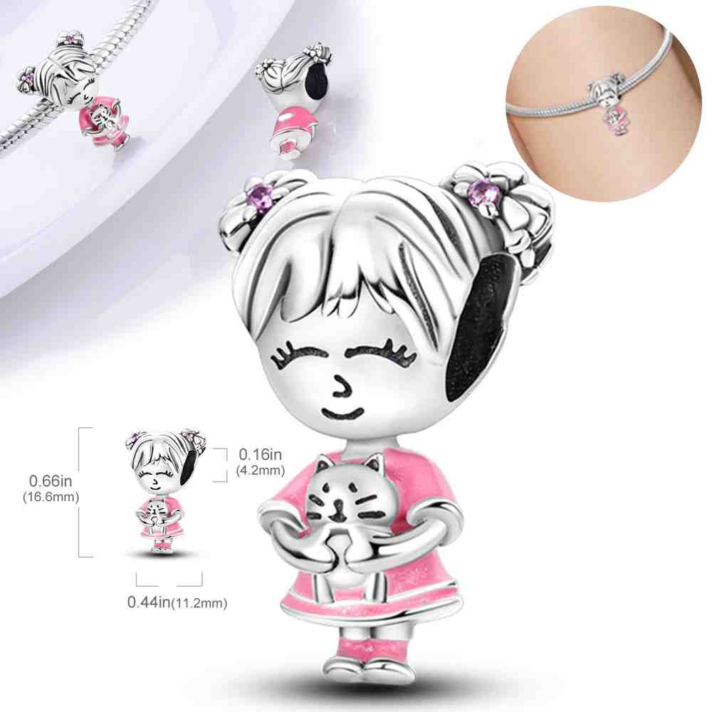 Sterling silver girl with cat charm with pink enamel, fits Pandora bracelet.