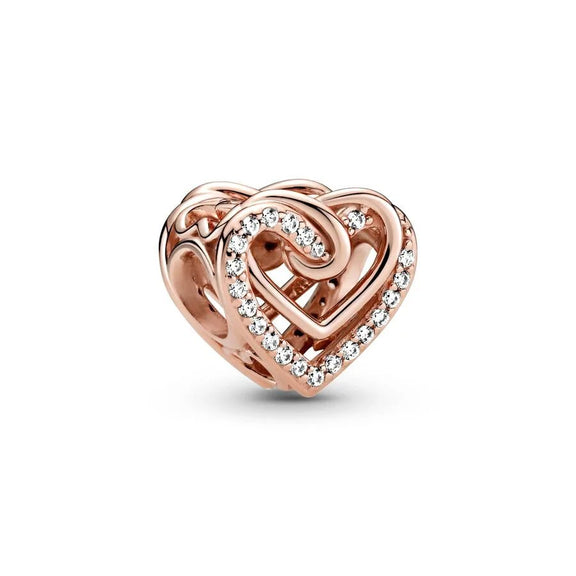 Romantic Rose Gold Intertwined Heart Charm - Rose gold heart charm with intertwined design and crystals