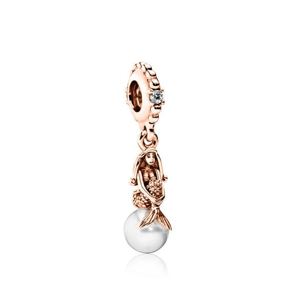 Rose Gold Mermaid Charm with Pearl Accent - Dive into Magic - Rose gold mermaid charm holding a pearl, ideal for charm bracelets or necklaces.