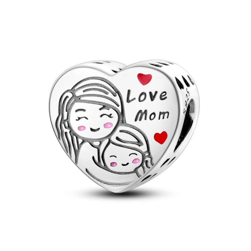 Sterling silver "Love Mom" heart charm with red hearts and cartoon.