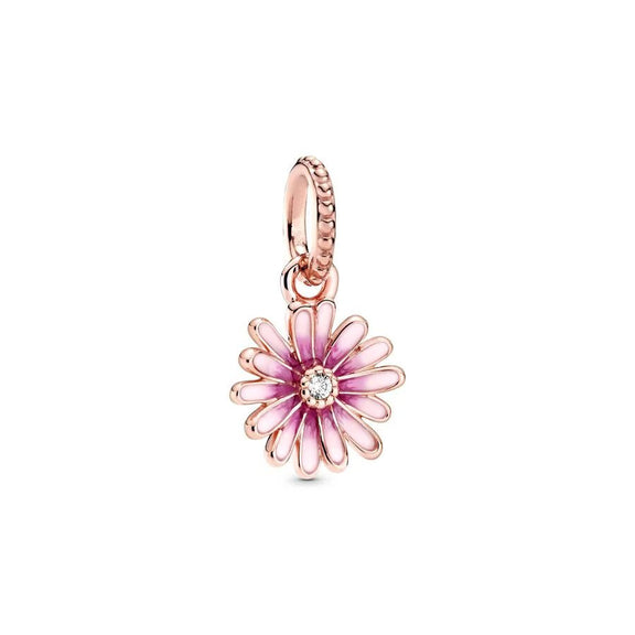 Elegant Rose Gold Pink Daisy Dangle Charm - Rose gold dangle charm with pink daisy