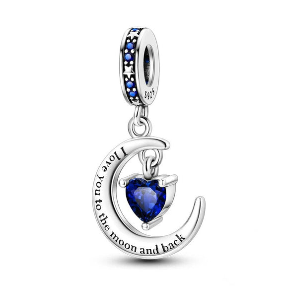 Sterling Silver Moon and Back Charm - Sterling silver moon and back charm with blue heart