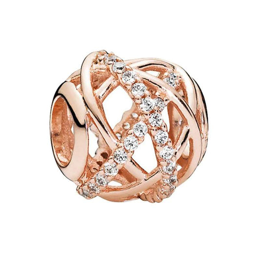 Woven charm in rose gold with detailed design, fits Pandora bracelets