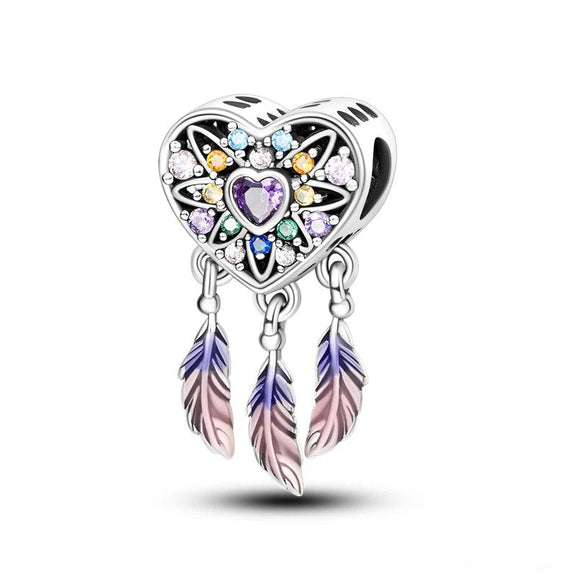 Sterling Silver Heart Dreamcatcher Charm - Sterling silver heart dreamcatcher charm with crystals