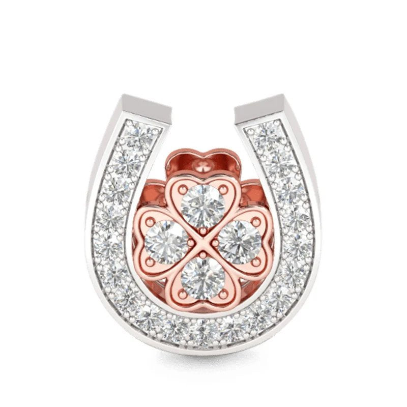 Rose gold lucky horseshoe charm with sparkling crystals, perfect for adding elegance.