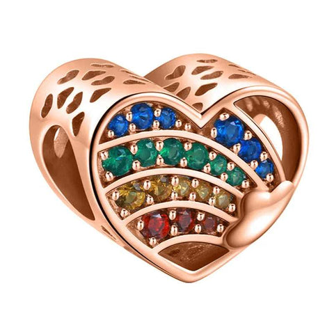 Rose Gold Rainbow Heart Charm Multicolor Gemstones - Fits Pandora - Rainbow Heart charm in rose gold with multicolor gemstones, fits Pandora
