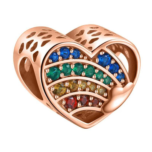 Rainbow Heart charm in rose gold with multicolor gemstones, fits Pandora