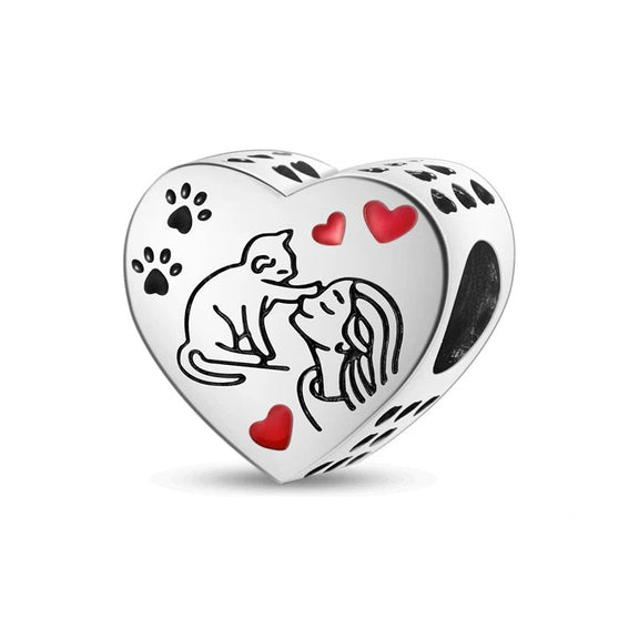 Sterling Silver Cat Love Charm - Sterling silver cat love charm with red hearts