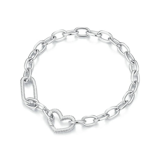 Sterling silver heart link chain bracelet with toggle clasp.