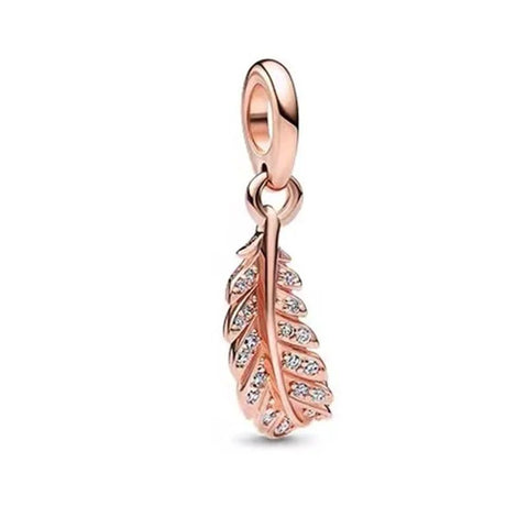 Elegant Rose Gold Feather Charm - Rose gold feather charm with crystals