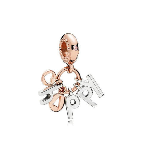 Rose Gold Happy Charm with Mixed Metal Letters - Fits Pandora - Happy charm in rose gold with mixed metals, fits Pandora bracelets