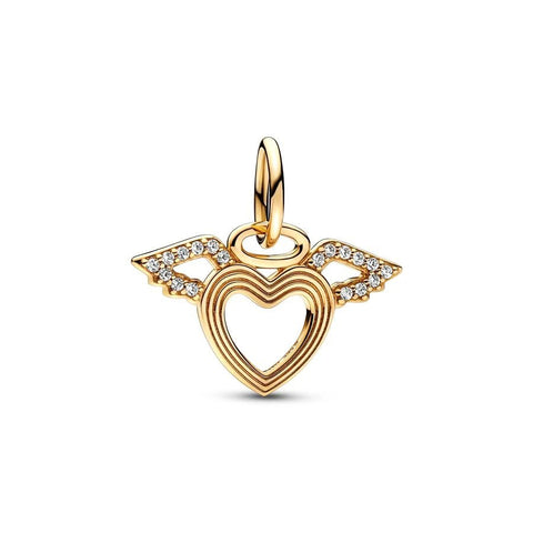 Gold Angel Heart Charm with Diamond Accents - Gold Angel Heart Charm with Diamond Accents