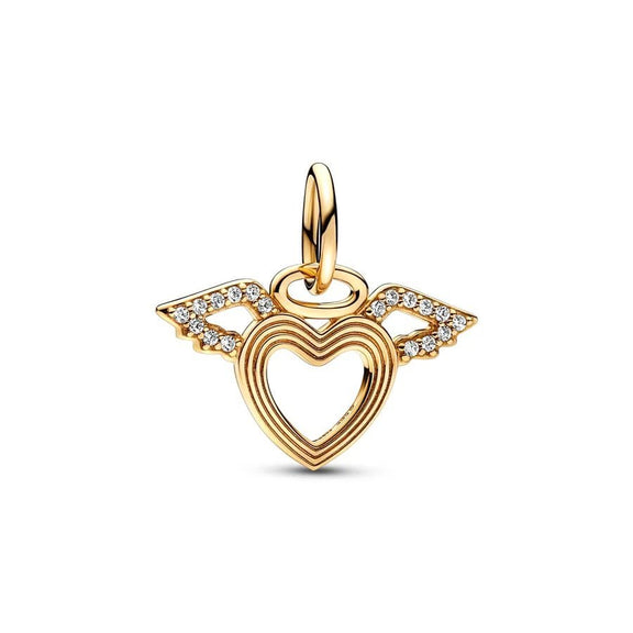 Gold Angel Heart Charm with Diamond Accents - Gold angel heart charm with diamond accents