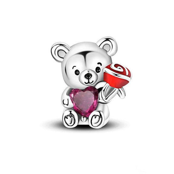 Sterling Silver Teddy Bear Charm with Flower and Heart - Sterling silver teddy bear charm with heart and rose