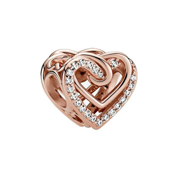 Rose Gold Intertwined Heart Charm with Sparkling Accents – Fits Pandora, Perfect for Celebrating Love 💞✨ - Intertwined Heart charm in rose gold with sparkling accents, fits Pandora