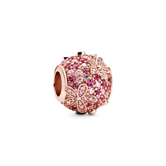 Pink Rose Gold Flower Charm with Crystals - Rose gold flower charm with pink and clear crystals