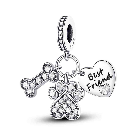 Best friend pet charm with heart, bone, and paw print, fits Pandora bracelet.