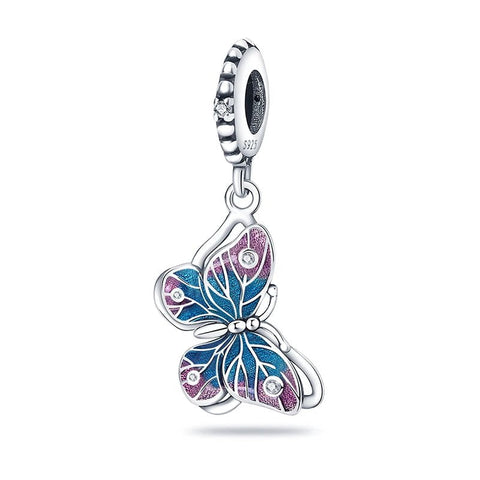Enamel Butterfly Charm in Sterling Silver with Blue and Pink Accents - Enamel Butterfly Charm in Sterling Silver with Blue and Pink Accents