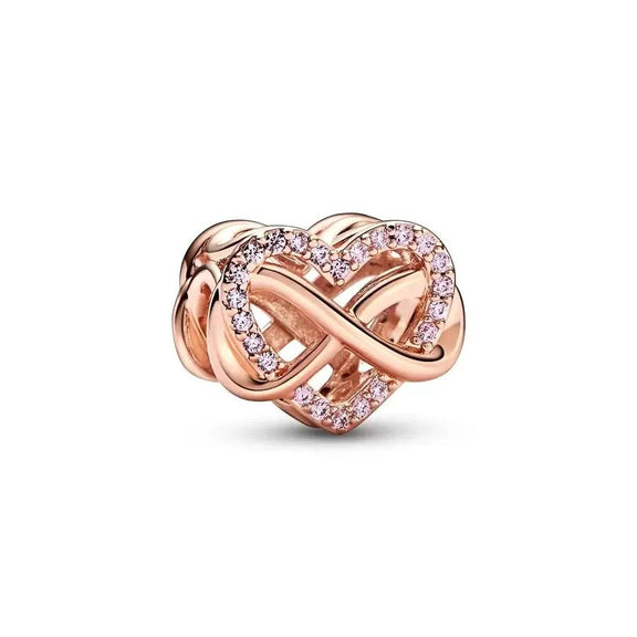 Infinite Love Rose Gold Heart Charm - Rose gold heart charm with intertwined design and crystals