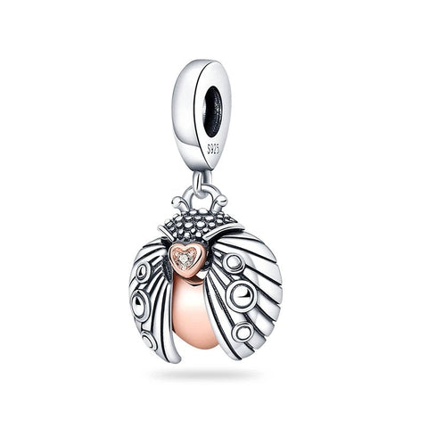 Sterling Silver Ladybug Charm with Rose Gold and Heart Detail - Sterling Silver Ladybug Charm with Rose Gold and Heart Detail