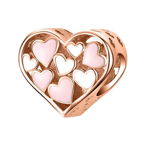 Rose Gold Pink Heart Charm with Enamel Hearts - Fits Pandora - Pink Heart charm in rose gold with pink enamel hearts, fits Pandora bracelets