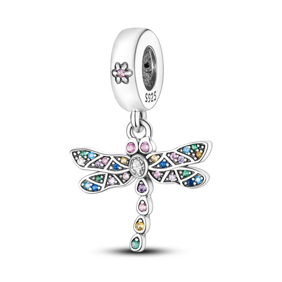 Sterling Silver Dragonfly Charm - Sterling silver dragonfly charm with colorful crystals