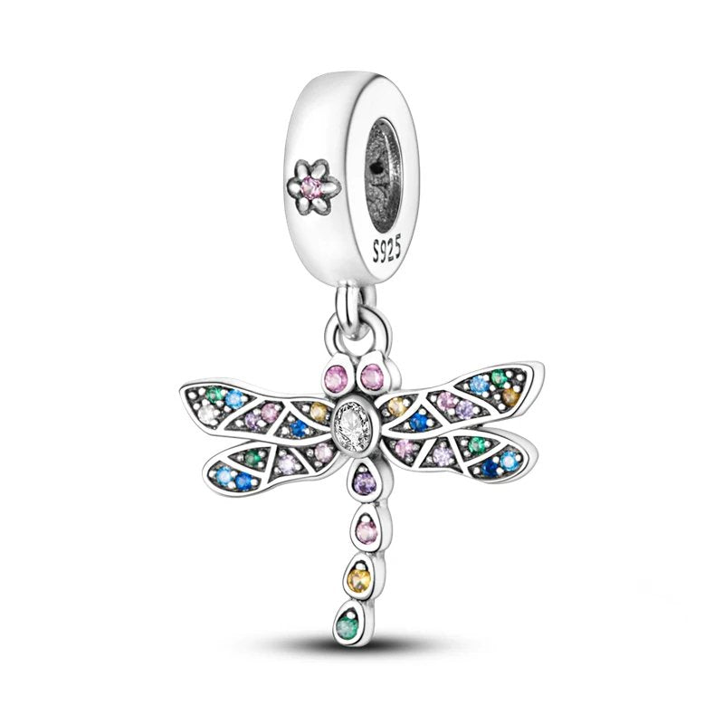 Sterling silver dragonfly charm with colorful crystals