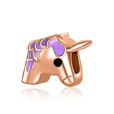 Enchanting Rose Gold Unicorn Charm with Purple Mane - Rose gold unicorn charm with purple mane accents, perfect for charm bracelets or necklaces.