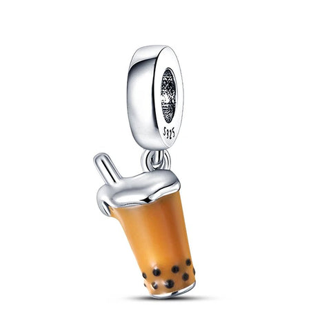 Sterling Silver Bubble Tea Charm with Enamel Detailing - Sterling Silver Bubble Tea Charm with Enamel Detailing