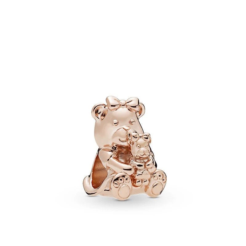 Bear charm in rose gold with intricate details, fits Pandora bracelets