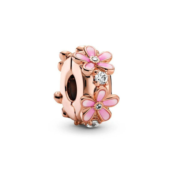 Sparkling Rose Gold Flower Charm with Crystals - Rose gold flower charm with pink enamel and crystals