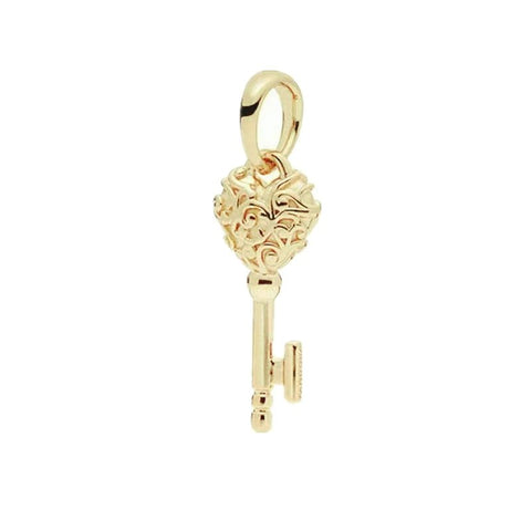 Gold Key Charm with Filigree Heart - Gold Key Charm with Filigree Heart