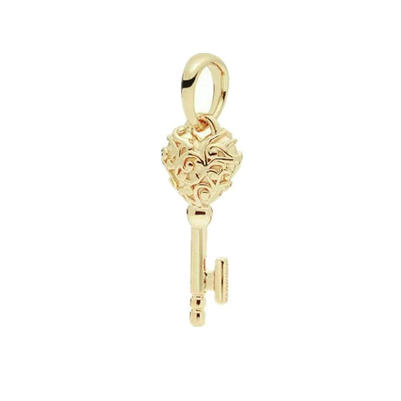 Gold Key Charm with Filigree Heart - Gold key charm with filigree heart