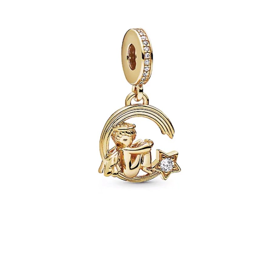 Gold-plated angel charm with a crescent moon and star, featuring rhinestone accents.