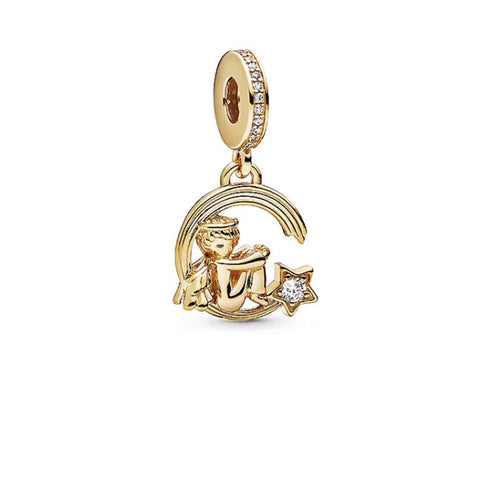 Gold-plated angel charm with a crescent moon and star, featuring rhinestone accents.