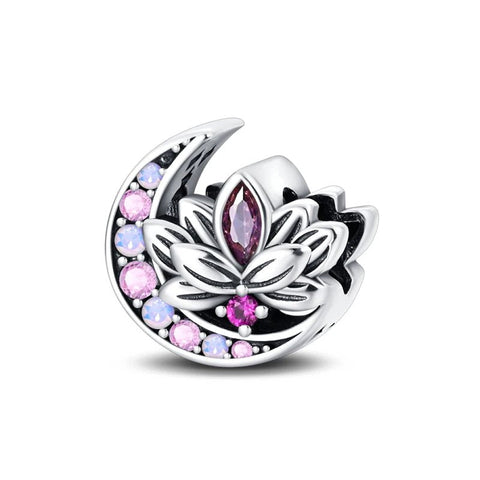 Sterling Silver Moon and Lotus Charm with Pink Crystals - Sterling Silver Moon and Lotus Charm with Pink Crystals