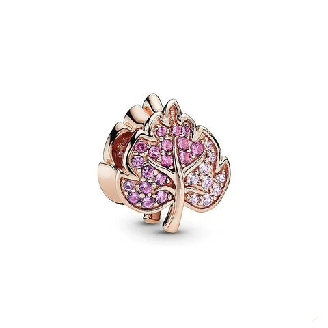 Whimsical Rose Gold Leaf Charm with Pink Crystals - Rose gold leaf charm with pink crystals