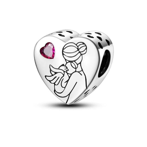 Sterling Silver Mother and Child Heart Charm - Sterling silver mother and child heart charm with pink crystal