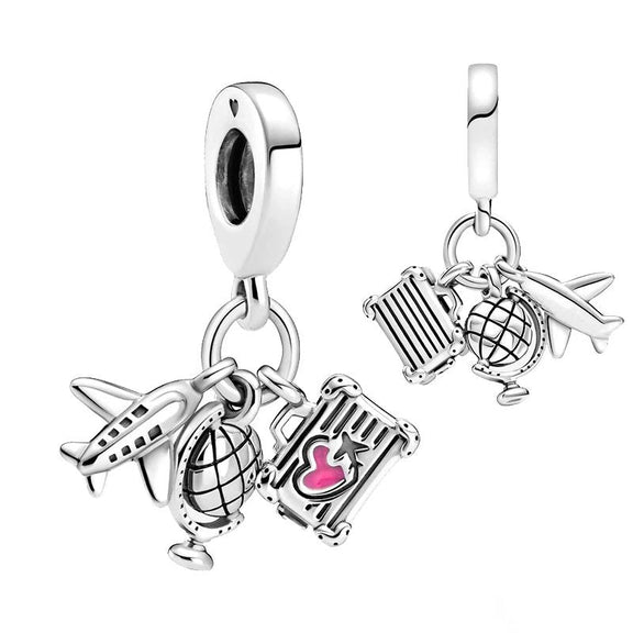 Airplane, Globe & Suitcase Dangle Charm - Sterling silver travel charm with suitcase, globe, and airplane