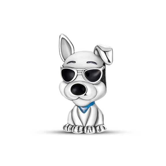 Sterling Silver Cool Dog Charm - Sterling silver dog charm wearing sunglasses