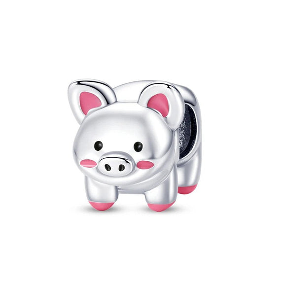 Cute Sterling Silver Pig Charm with Pink Accents - Sterling silver pig charm with pink accents.