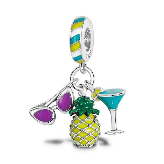 Colorful Summer Vacation Sterling Silver Charm - Colorful summer vacation charm with pineapple, sunglasses, and cocktail, fits Pandora bracelet.