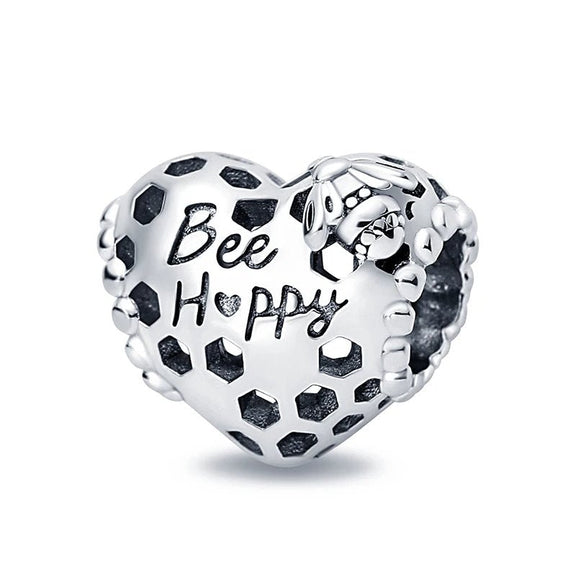 Sterling Silver Bee Happy Charm with Honeycomb Design Spreads Positivity and Cheer - Sterling silver bee happy charm with honeycomb design.