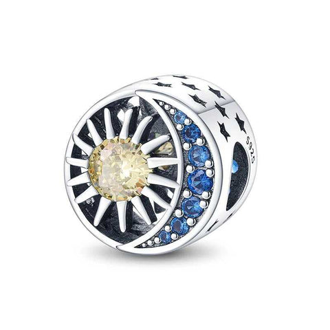 Sterling Silver Sun Moon Charm Crystals Celebrates Celestial Wonders - Sterling silver sun and moon charm with crystals.