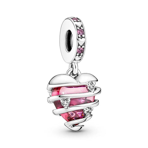 Sterling Silver Wrapped Heart Charm - Sterling silver wrapped heart charm with pink center