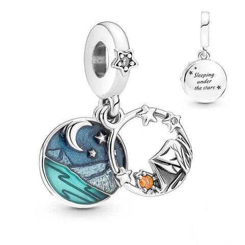 Sterling Silver Camping Charm - Sterling silver camping charm with tent and mountains