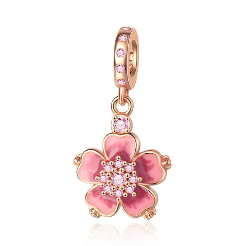 Beautiful Rose Gold Pink Flower Dangle Charm - Rose gold dangle charm with pink flower