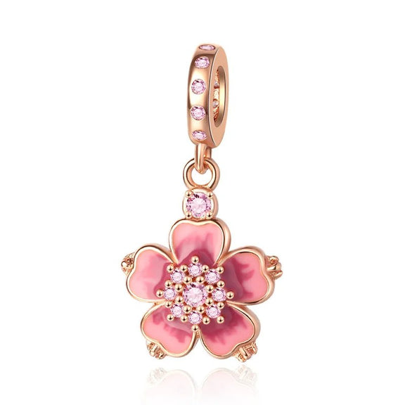 Beautiful Rose Gold Pink Flower Dangle Charm - Rose gold dangle charm with pink flower